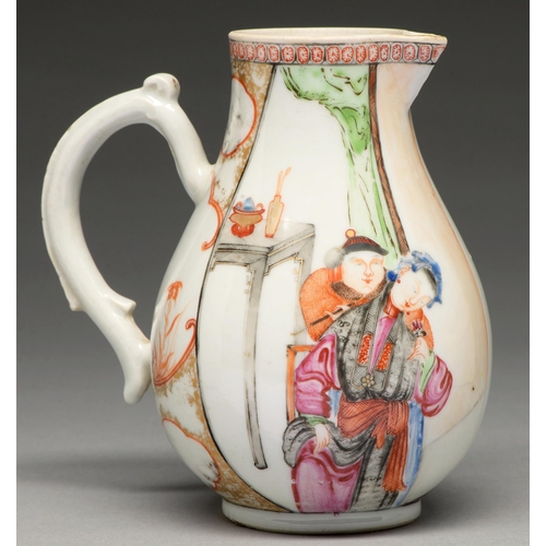 185 - A Chinese famille rose baluster jug, 18th c, enamelled with a couple by a table in cell diaper borde... 