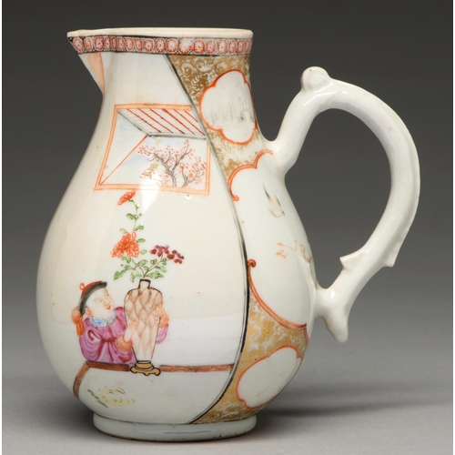 185 - A Chinese famille rose baluster jug, 18th c, enamelled with a couple by a table in cell diaper borde... 