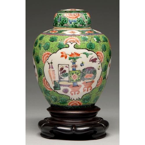 188 - A Chinese famille verte ginger jar and cover, 20th c, enamelled with pomegranate and circular reserv... 