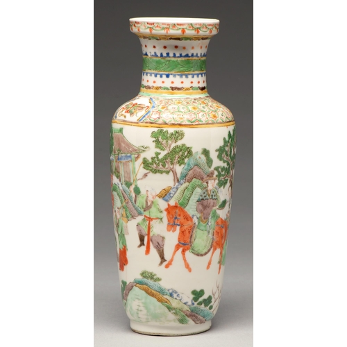 197 - A Chinese famille verte rouleau vase, 20th c, enamelled with sages and attendants in a continuous la... 