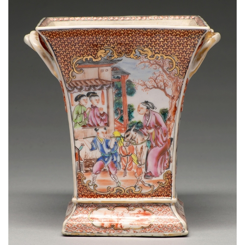 198 - A Chinese famille rose bulb pot, c1780, of flared square shape and enamelled with a 'mandarin' patte... 