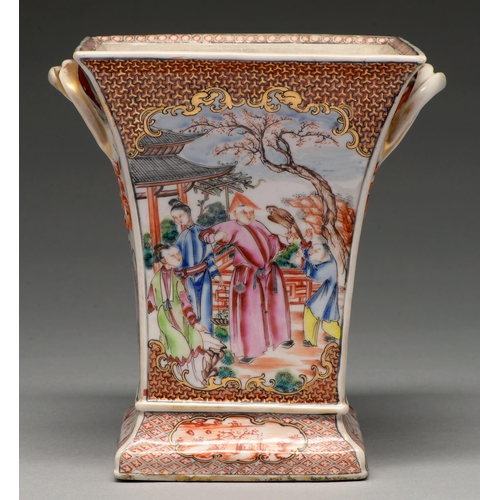 198 - A Chinese famille rose bulb pot, c1780, of flared square shape and enamelled with a 'mandarin' patte... 