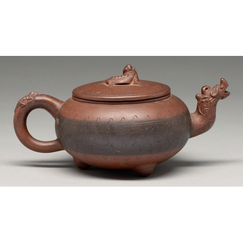 200 - A Chinese Yixing stoneware teapot and cover, 19th - 20th c, with zoomorphic spout and chilong knop, ... 