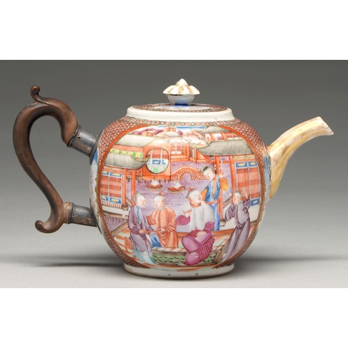 201 - A Chinese famille rose teapot and cover, 18th c, globular and enamelled with two 'mandarin' scenes r... 