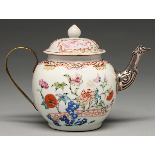 202 - A Chinese famille rose teapot and a cover, c1770, enamelled with peonies and other flowers growing f... 