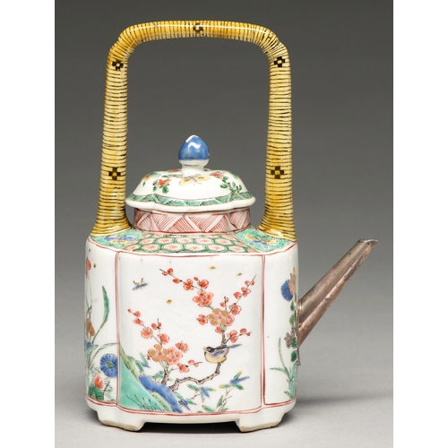 203 - A Chinese famille verte wine pot and cover, Kangxi period, enamelled and gilt with panels of floweri... 