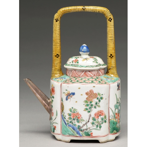 203 - A Chinese famille verte wine pot and cover, Kangxi period, enamelled and gilt with panels of floweri... 