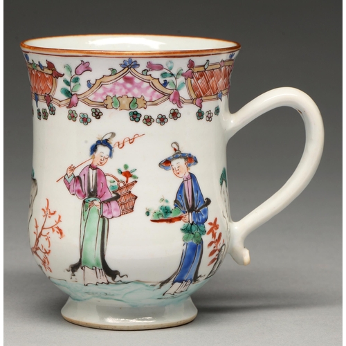 210 - A Chinese famille rose baluster mug, 19th c, enamelled with ladies with baskets or fruit, 11.5cm h... 