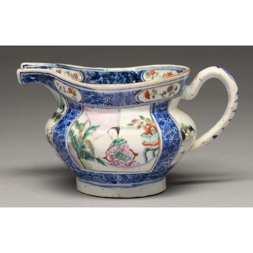 214 - A Chinese underglaze blue and famille rose milk jug, early 19th c, enamelled with square panels of a... 