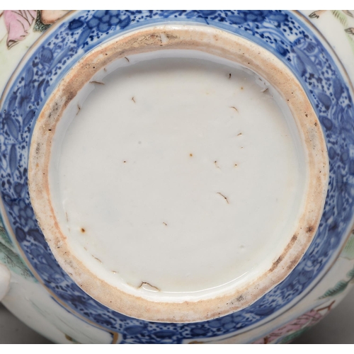 214 - A Chinese underglaze blue and famille rose milk jug, early 19th c, enamelled with square panels of a... 