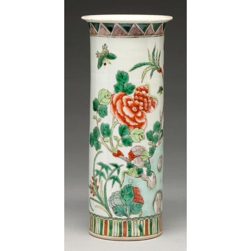 216 - A Chinese famille verte vase, 20th c, cylindrical with flared neck, enamelled with tree peony, 26.5c... 