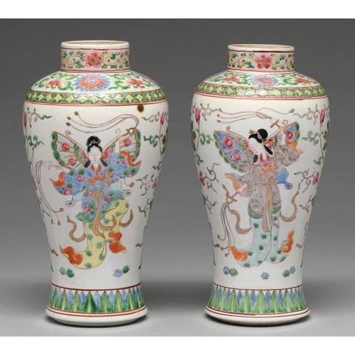 220 - A pair of Chinese famille rose vases, 20th c, enamelled with butterfly, women and flowers, 27.5cm h,... 