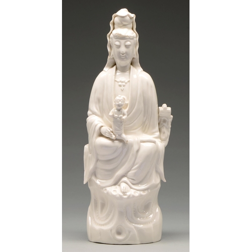 230 - A Chinse blanc de chine figure of the Virgin Mary as Guanyin, 18th / 19th c, seated with child, 43.5... 