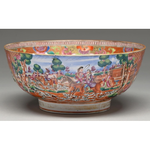 232 - A Chinese European-subject famille rose punch bowl, c1770, enamelled with hunting scenes and subsidi... 