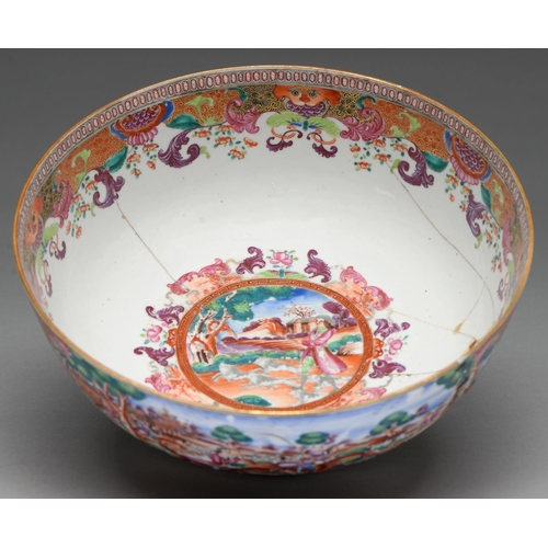 232 - A Chinese European-subject famille rose punch bowl, c1770, enamelled with hunting scenes and subsidi... 