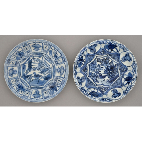 238 - Two Chinese Kraak porcelain blue and white dishes, c1630-1650, painted to the centre with a bird and... 