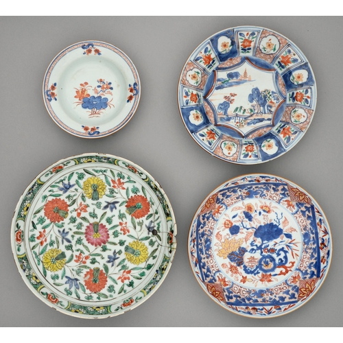 246 - A Chinese Imari saucer dish, two others and a polychrome dish, all 18th c, the dish enamelled with b... 