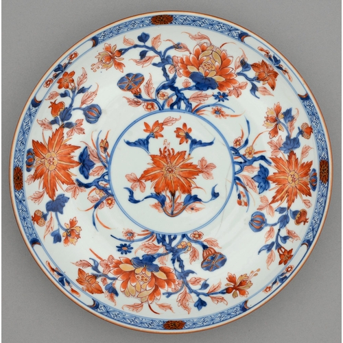 256 - A Chinese Imari dish, 18th c, painted and gilt with lotus and other flowering plants in panelled dia... 