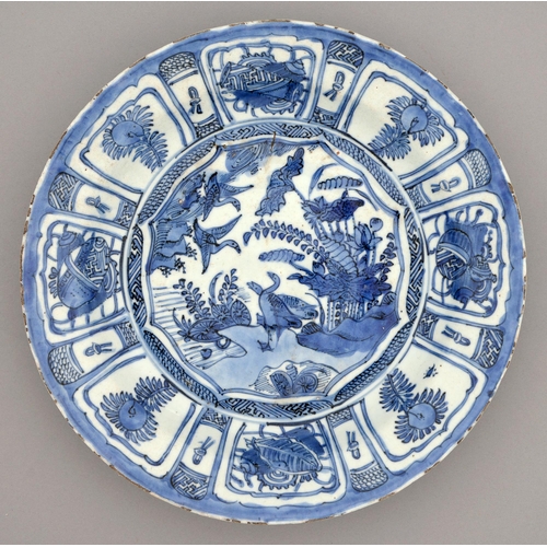 260 - A Chinese Kraak porcelain blue and white dish, c1630-1650, painted to the centre with two geese at t... 