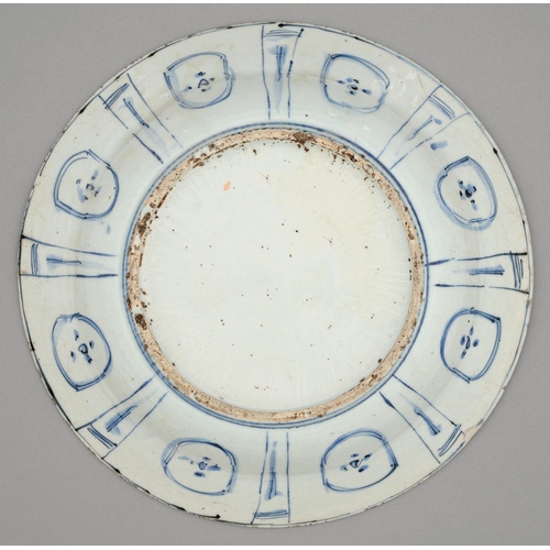 260 - A Chinese Kraak porcelain blue and white dish, c1630-1650, painted to the centre with two geese at t... 