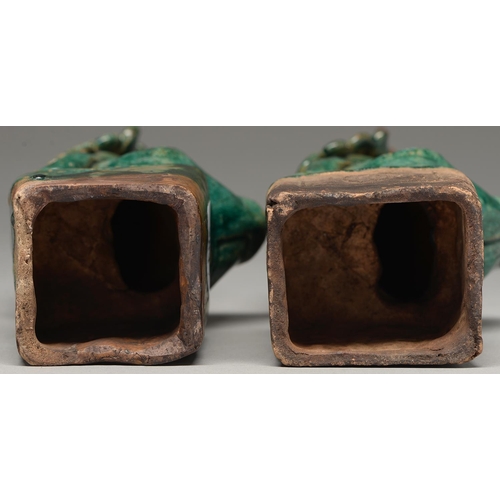 263 - A pair of Chinese tileworks type glazed biscuit dog of Fo incense burners, probably early 20th c, 23... 