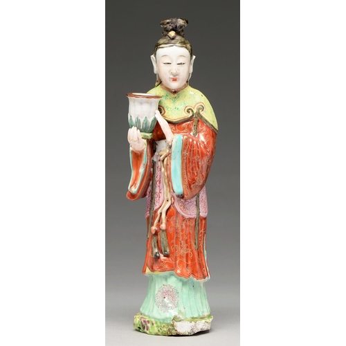 271 - A Chinese famille rose figural incense burner, 19th c, in richly gilt coral red, pink and turquoise ... 