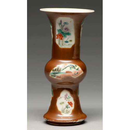 279 - A Chinese cafe au lait ground vase of archaic gu form, 19th c, enamelled with leaf and fan shaped la... 