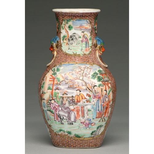 280 - A Chinese famille rose vase, c1770, enamelled and with 'mandarin' scenes in gilt bamboo frames reser... 