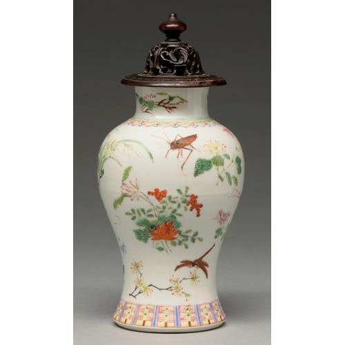 287 - A Chinese famille rose vase, 19th c, of baluster form, enamelled with crickets and other insects and... 