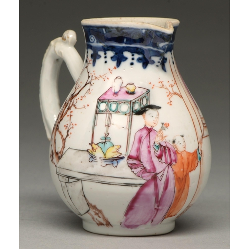 291 - A Chinese underglaze blue and famille rose milk jug, 18th c, enamelled with a boy at a window and tw... 