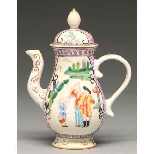 294 - A Chinese famille rose miniature teapot or condiment ewer and cover with European-subject decoration... 