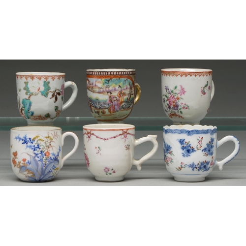 297 - Five Chinese export porcelain coffee cups, 18th c, including a blue and white and famille rose examp... 