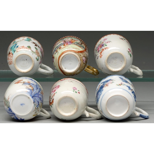 297 - Five Chinese export porcelain coffee cups, 18th c, including a blue and white and famille rose examp... 