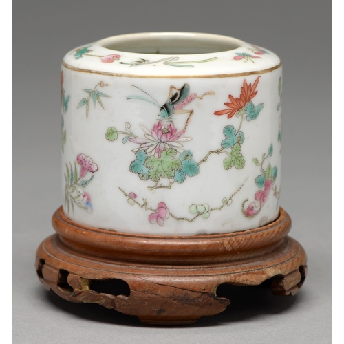 302 - A Chinese famille rose brush washer, 19th / 20th c, enamelled with crickets on flowers, prunus and f... 