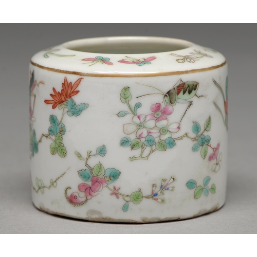 302 - A Chinese famille rose brush washer, 19th / 20th c, enamelled with crickets on flowers, prunus and f... 