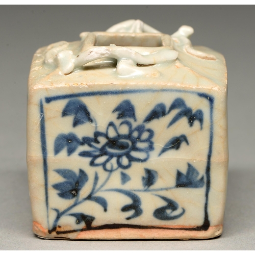 303 - A Chinese blue and white water pot, Yuan dynasty, the shoulder applied with two chilong, painted to ... 