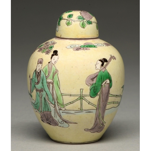 306 - A Chinese yellow ground jar and cover, 19th c, painted in black, green and aubergine with a sage, mu... 