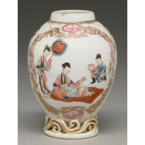 307 - A Chinese famille rose tea caddy, c1770, ovoid, painted with two scenes of a seated lady and two ser... 