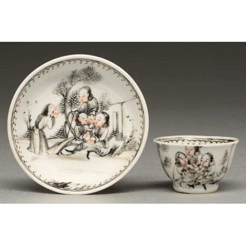 312 - A Chinese porcelain grisaille-decorated toy tea bowl and saucer, mid 18th c, pencilled in black with... 