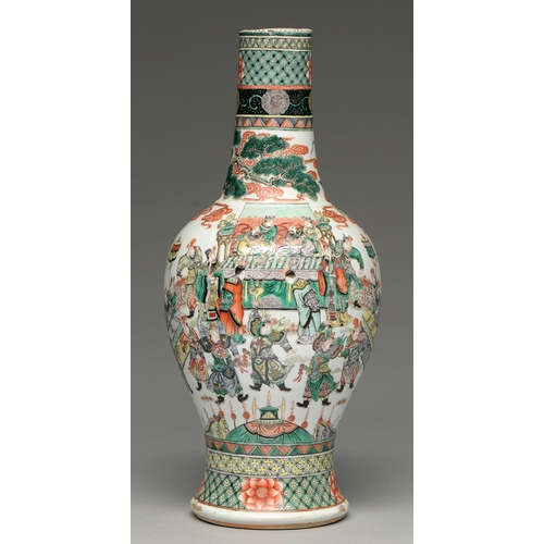 317 - A Chinese famille verte vase, 19th c, enamelled with two dignitaries and their retinue flanked by pl... 