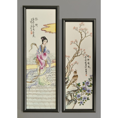 320 - Two Chinese porcelain plaques, second half 20th c, painted with a lady or bird and blossom with poet... 