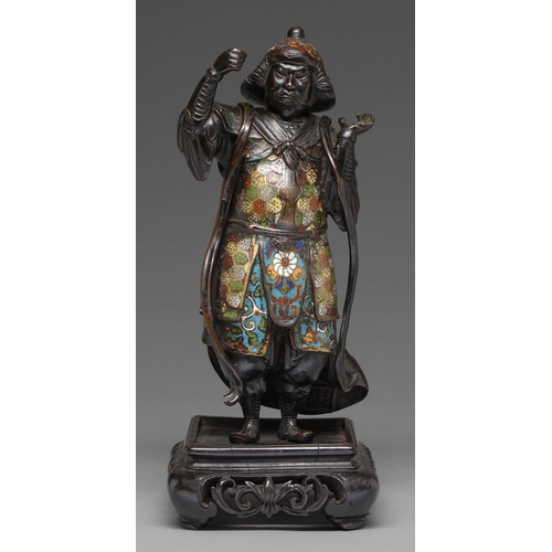 326 - A Chinese bronze and champleve enamel figure of a heavenly general, 19th c, 31cm h, mounted on wood ... 