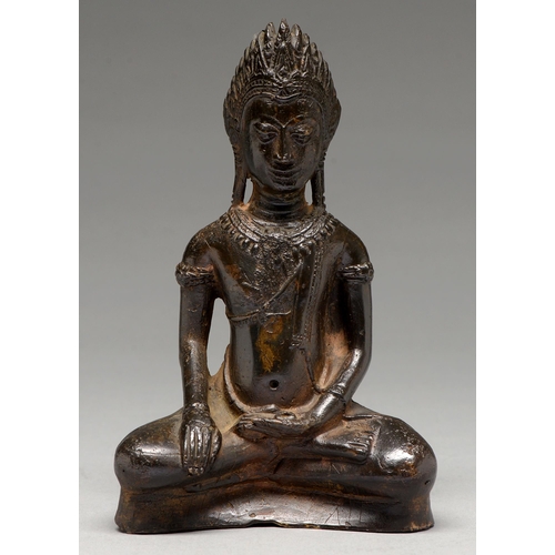 328 - A bronze figure of Buddha, 19th c or earlier, on plain concave base, 20.5cm h