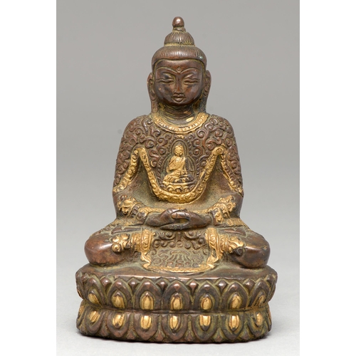 329 - A Tibetan gilt bronze figure of Buddha, 19th c,  Dhyana mudra, on double lotus base, 14cm h... 