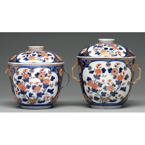 350 - Two Chinese Imari tureens and covers, early 18th c, painted in underglaze blue, enamelled in red and... 