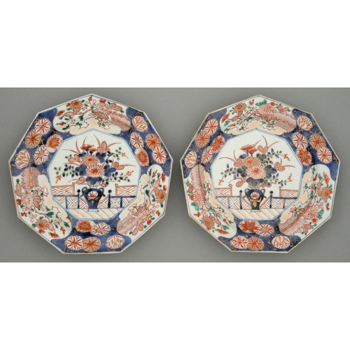 354 - A pair of Imari nonagonal dishes, Edo period, 18th c, painted in underglaze blue and enamelled in ir... 