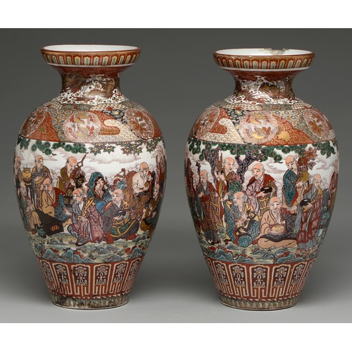 362 - A pair of Japanese earthenware vases, early 20th c, enamelled with a continuous scene of Sennins and... 