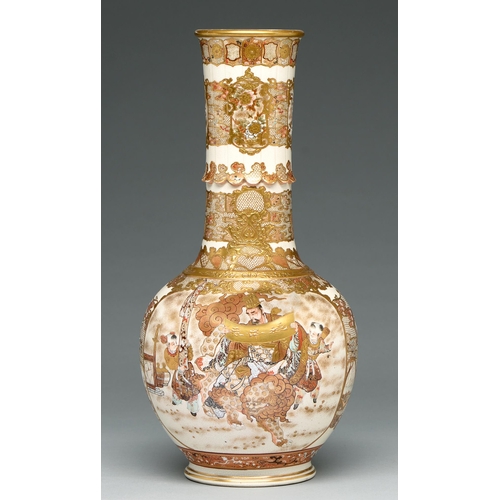 363 - A Satsuma ware vase, Meiji period, the cylindrical neck with moulded lappets, richly enamelled and g... 