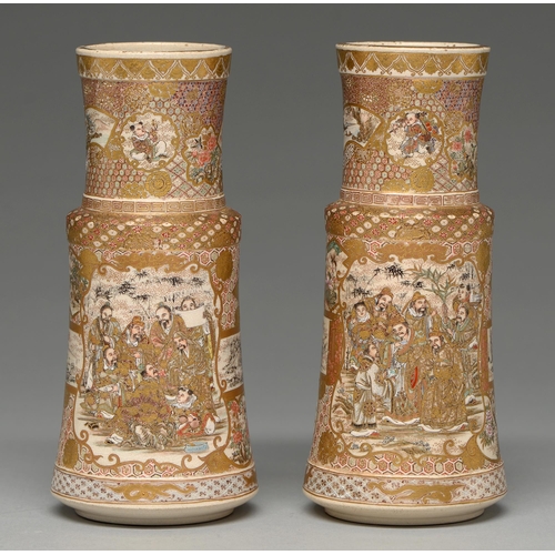 364 - A pair of Satsuma ware vases, Meiji period, enamelled and gilt with Kannon and a group of five child... 