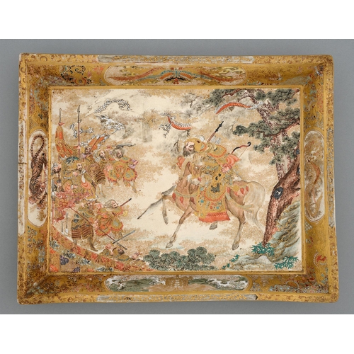 365 - A Satsuma ware tray, Meiji period, decorated with a battle scene with dragon above, the border with ... 